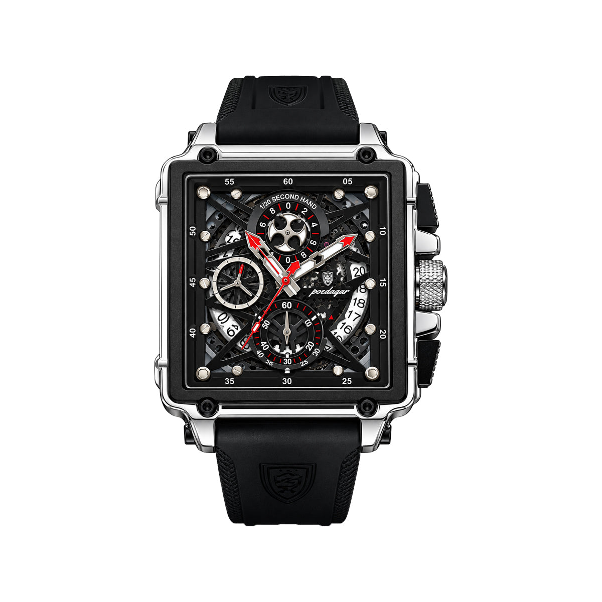 POEDAGAR 840 Men's Square Chronograph Watch Black– Skeleton-Style Dial & Silicone Strap (Copy)
