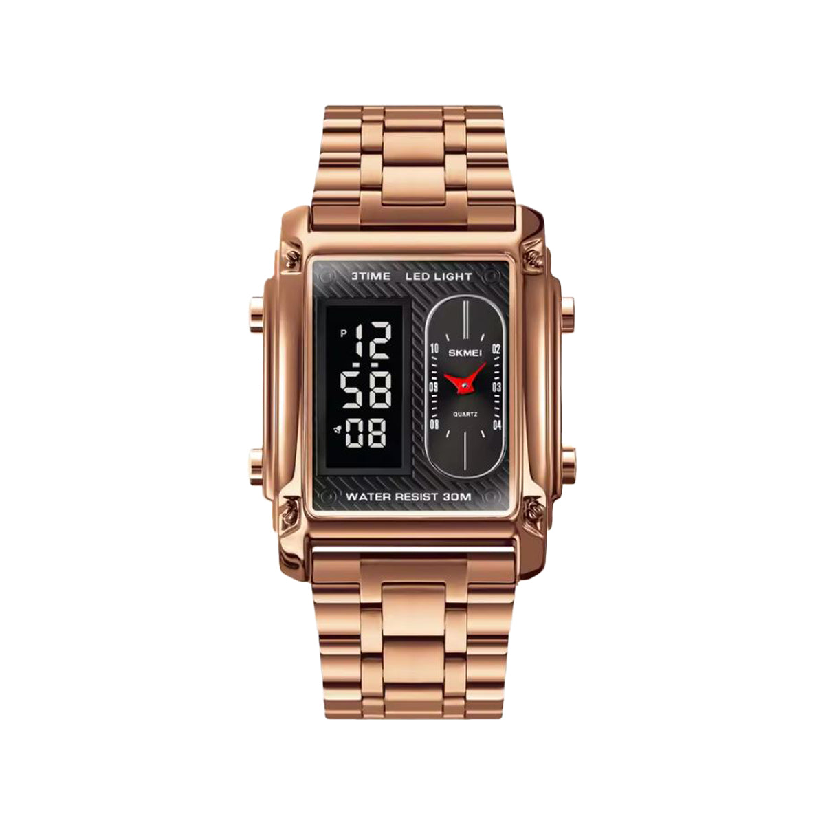 SKMEI 1868 Men’s Analog Digital Watch Rose Black– Triple Time, Gold Stainless Steel Bracelet