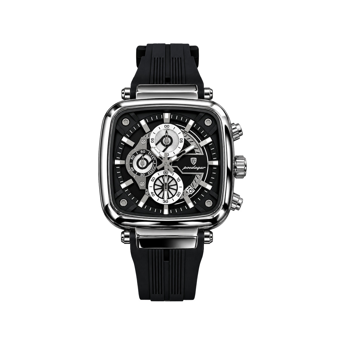 POEDAGAR 849 Men's Square Chronograph Watch Silver Black– Silicone Strap