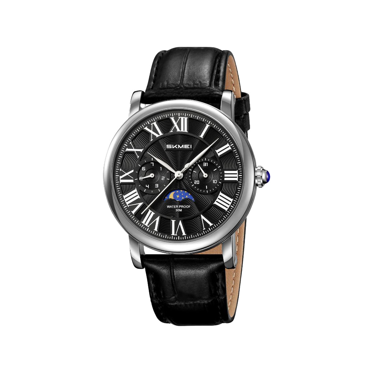 SKMEI 9438 Vintage Men's Quartz Watch Black Silver– Moon Phase, Day & Date, Leather Strap