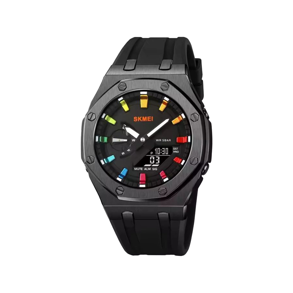 SKMEI 2243 Men’s Analog Digital Watch Black Colorful – World Time, 5 Alarms, Chronograph