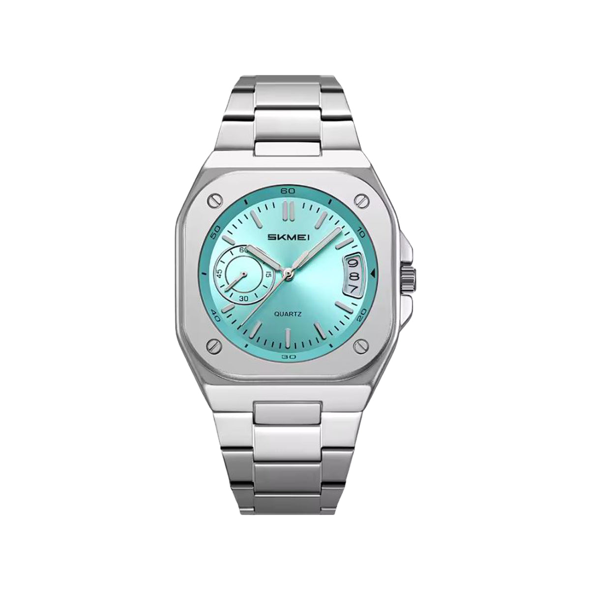 SKMEI 2572 Men’s Square Quartz Watch Silver Blue– Stainless Steel Bracelet, Date Display