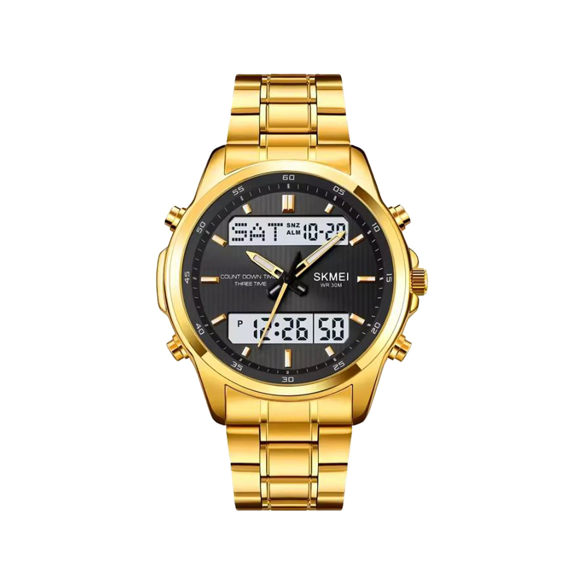 SKMEI 2049 Men’s Analog Digital Sports Watch Golden Black– Triple Time, Chronograph