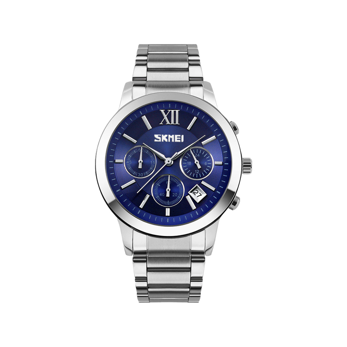 SKMEI 9097 Men’s Chronograph Quartz Watch Silver Blue– Stainless Steel Bracelet, Date Display