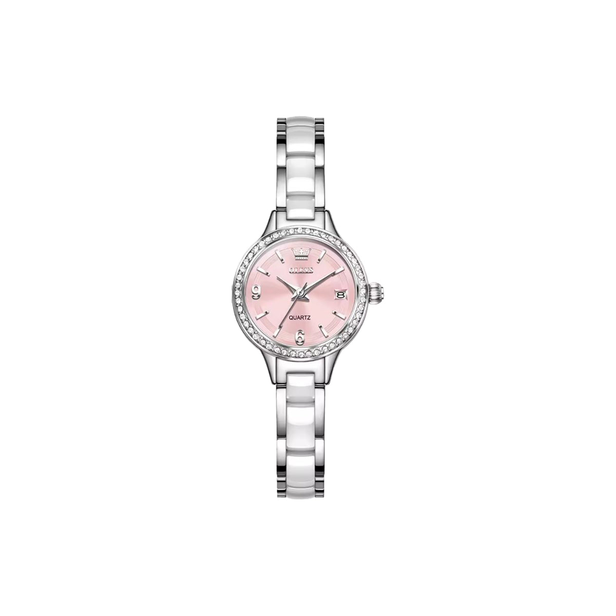 OLEVS 7093 Women’s Luxury Quartz Watch Silver Pink– Stainless Steel Ceramic Bracelet