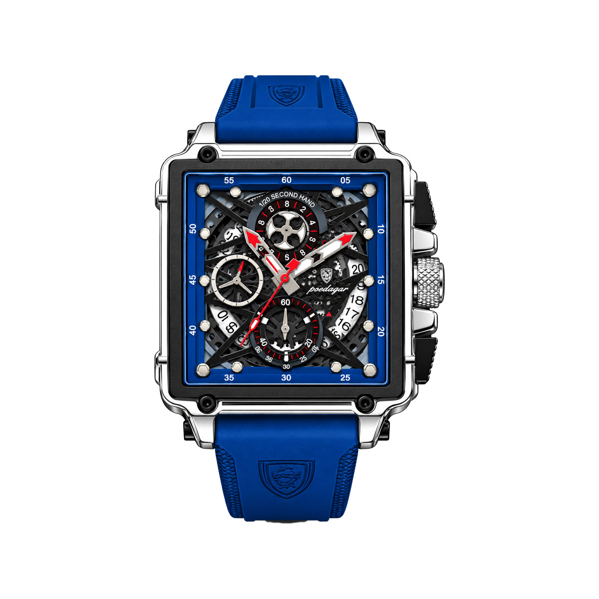 POEDAGAR 840 Men's Square Chronograph Watch Blue– Skeleton-Style Dial & Silicone Strap
