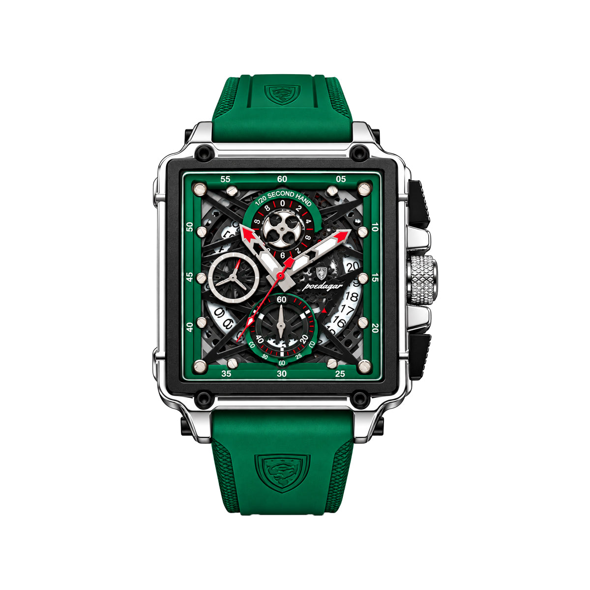 POEDAGAR 840 Men's Square Chronograph Watch Green– Skeleton-Style Dial & Silicone Strap
