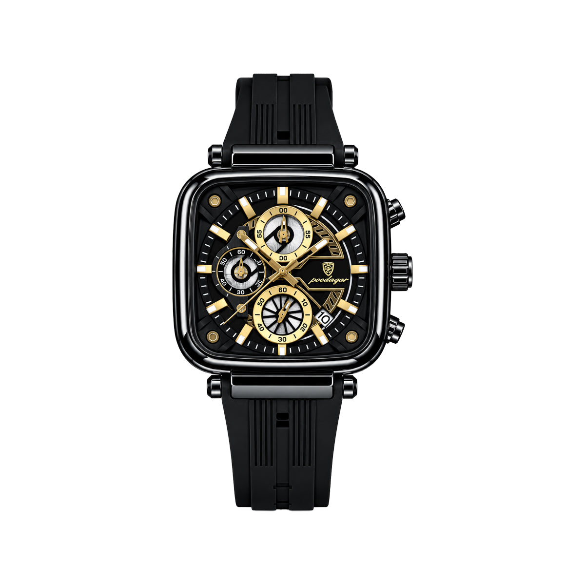POEDAGAR 849 Men's Square Chronograph Watch Black– Silicone Strap