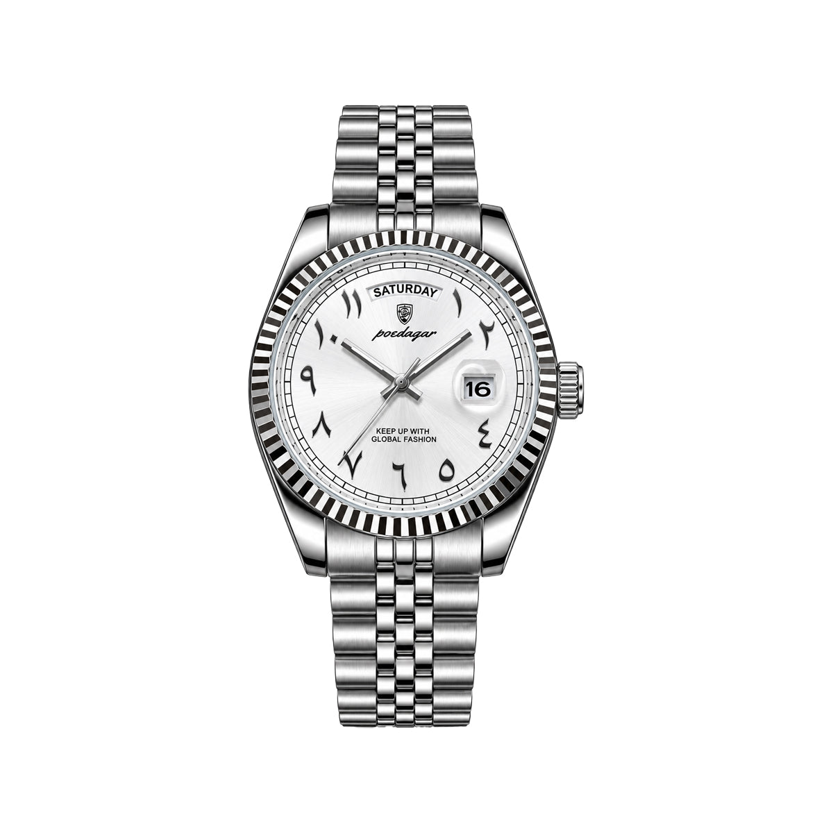 POEDAGAR 845 Men's Quartz Watch Silver White– Arabic Numeral Dial & Stainless Steel Bracelet