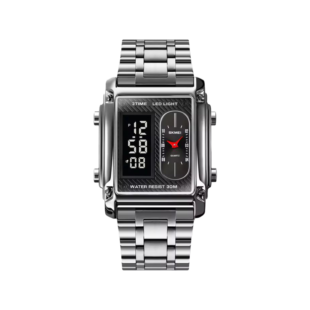 SKMEI 1868 Men’s Analog Digital Watch Silver Black– Triple Time, Gold Stainless Steel Bracelet