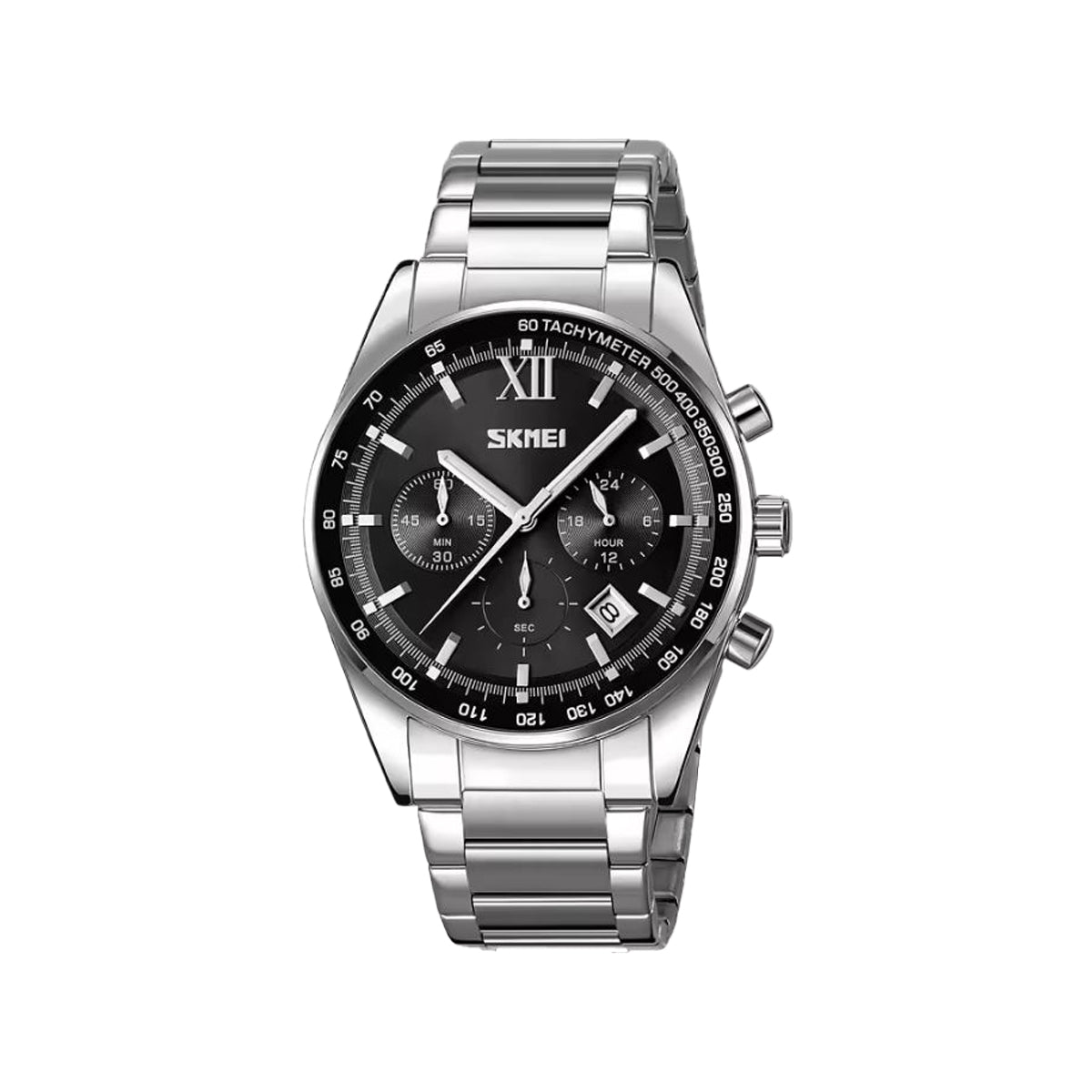 SKMEI 9096 Men’s Chronograph Quartz Watch Silver Black– Stainless Steel Bracelet, Date, Luminous
