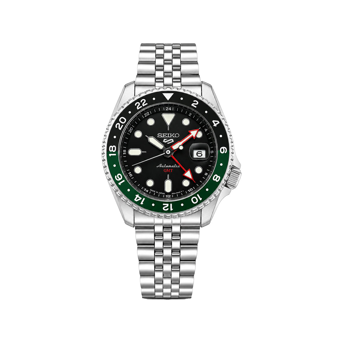 SEIKO GMT Quartz Men’s Watch – Black Dial, Green & Black Bezel, Steel Bracelet