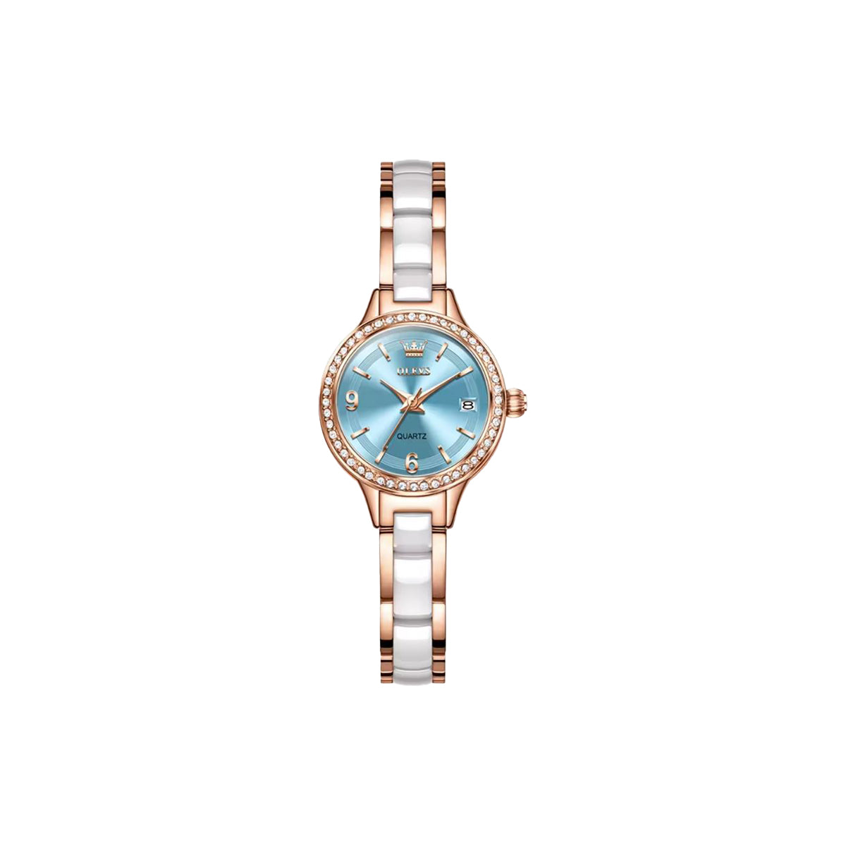 OLEVS 7093 Women’s Luxury Quartz Watch Rose Gold Blue– Stainless Steel Ceramic Bracelet