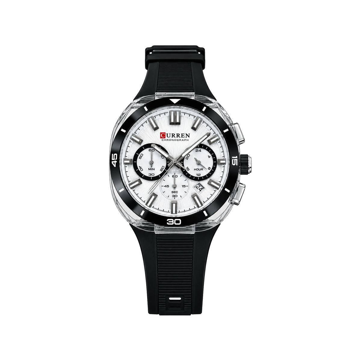 CURREN 8502 Men's Chronograph Quartz Watch Silver Black– Silicone Strap, Luminous & 3ATM