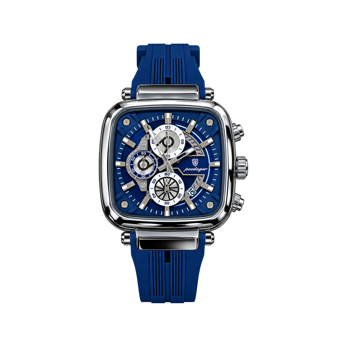 POEDAGAR 849 Men's Square Chronograph Watch Blue– Silicone Strap