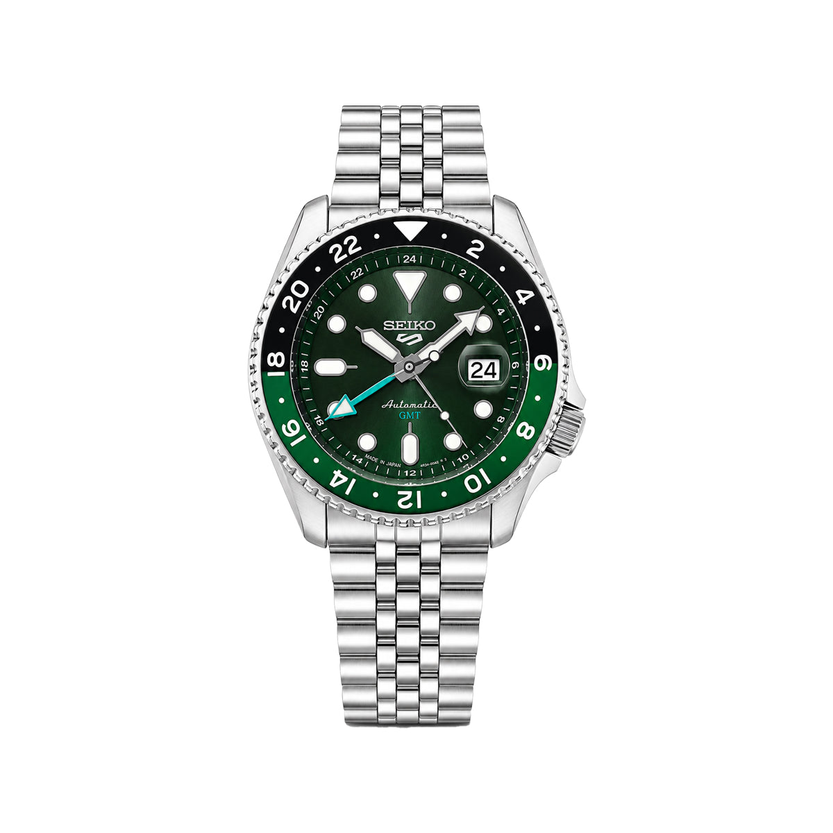 SEIKO GMT Quartz Men’s Watch – Green Dial, Green & Black Bezel, Steel Bracelet