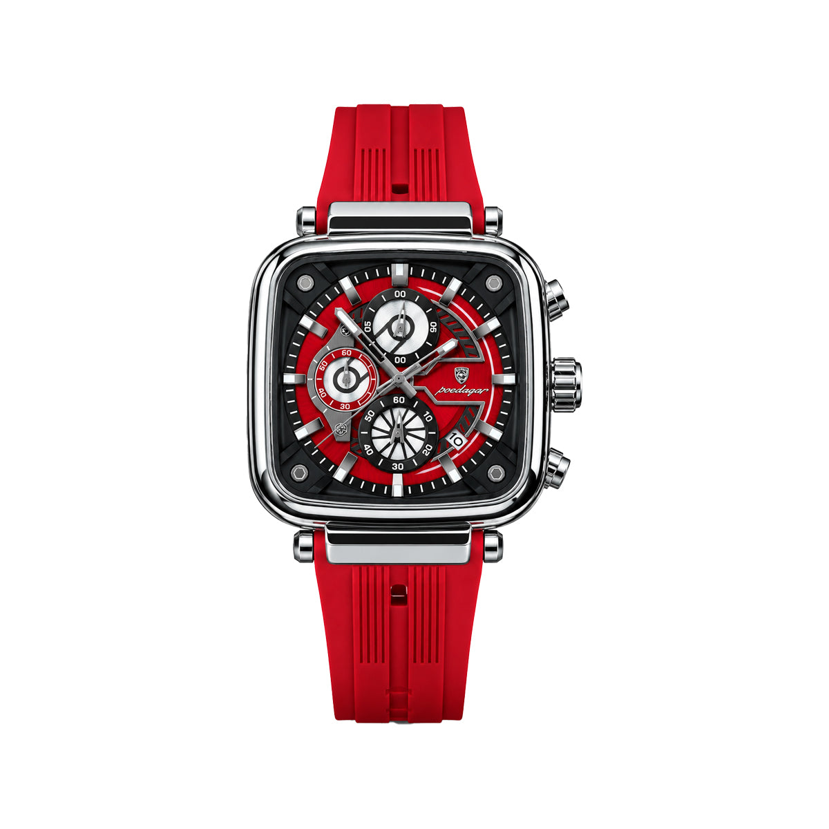 POEDAGAR 849 Men's Square Chronograph Watch Red– Silicone Strap