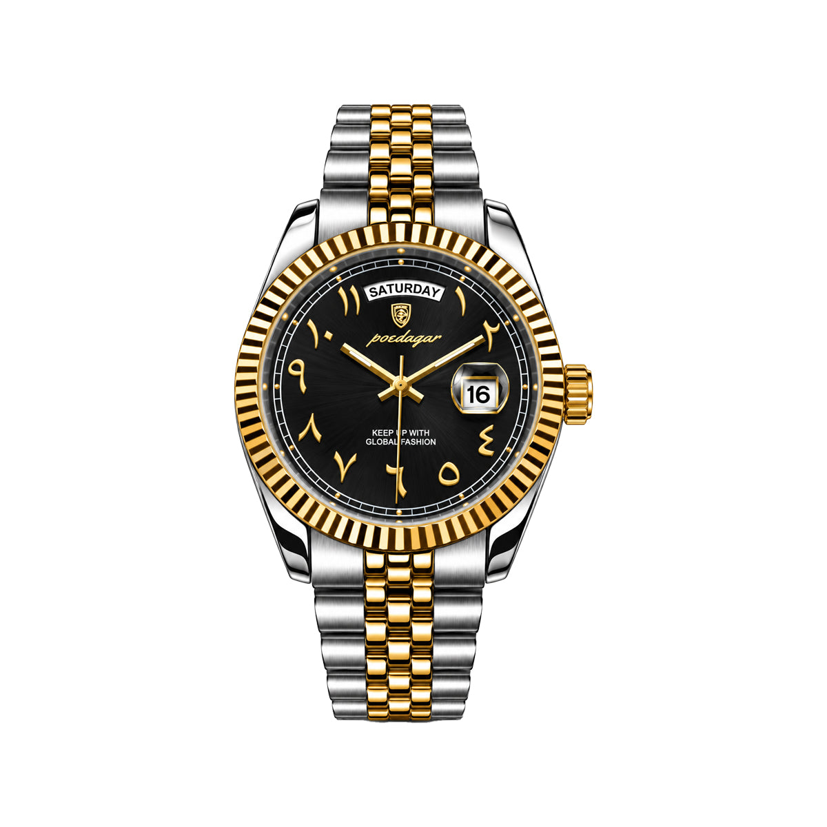 POEDAGAR 845 Men's Quartz Watch Two Tone Black– Arabic Numeral Dial & Stainless Steel Bracelet