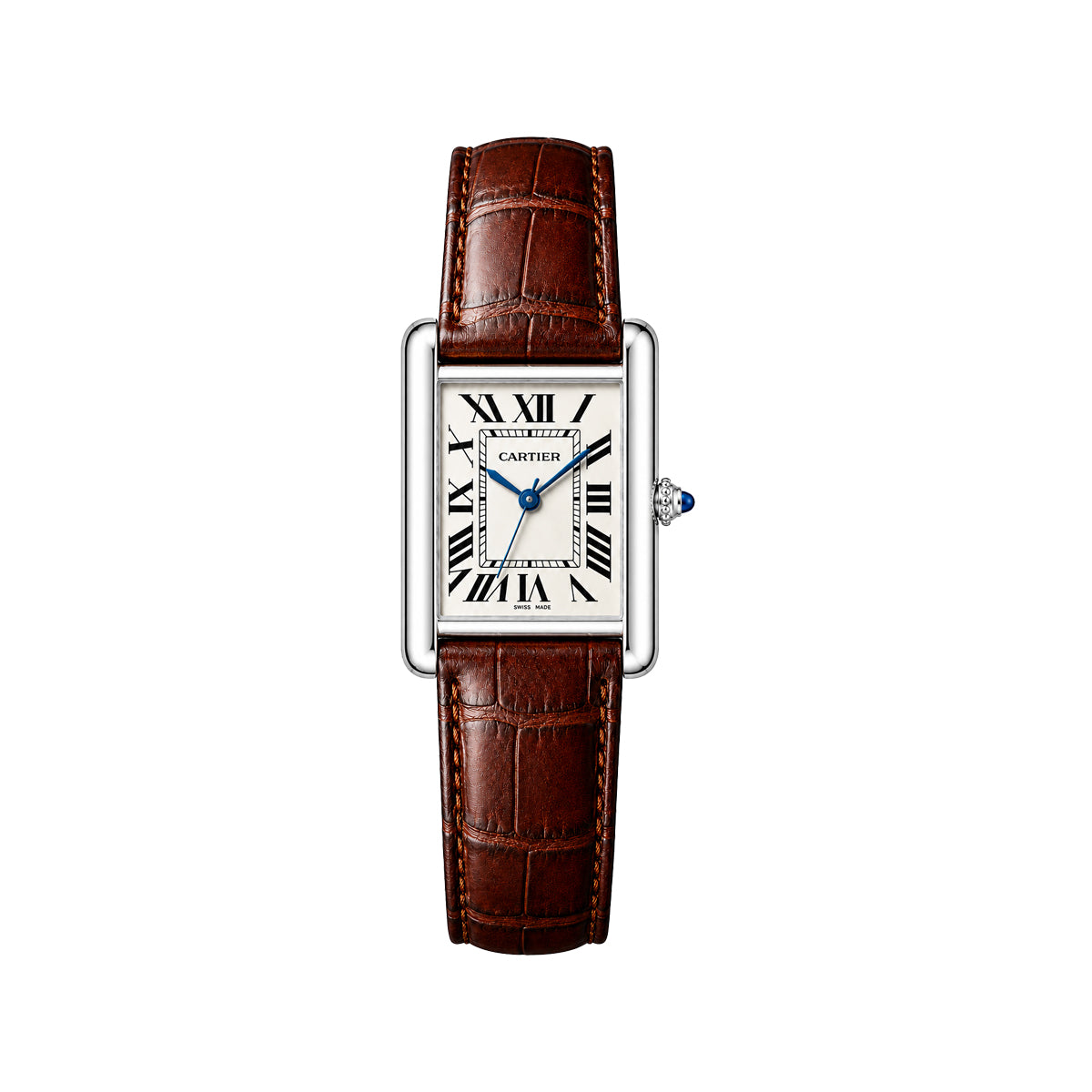 Cartier Tank Américaine Silver Brown Leather Strap Quartz Watch – White Roman Dial