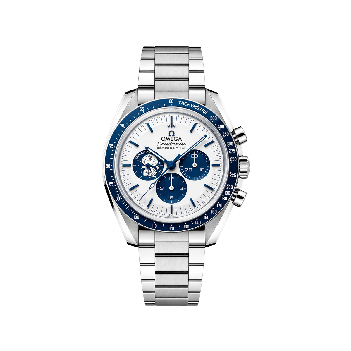 Omega Luxury Moonphase Chronograph Men's Watch – White Dial, Blue Bezel, Stainless Steel Bracelet