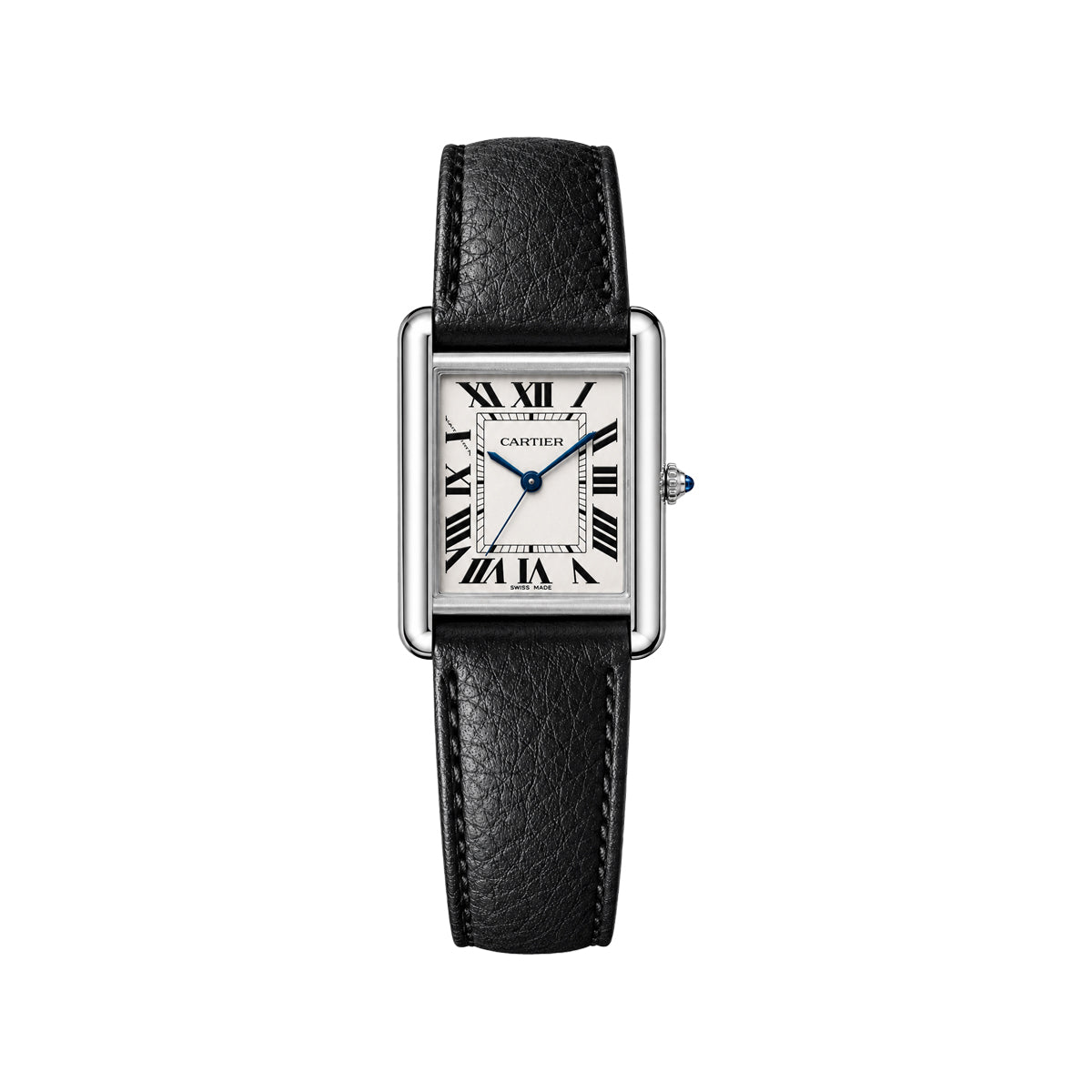 Cartier Tank Américaine Silver Black Leather Strap Quartz Watch – White Roman Dial