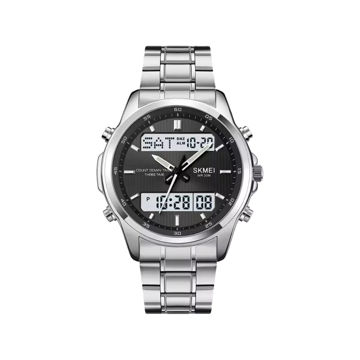 SKMEI 2049 Men’s Analog Digital Sports Watch Silver Black– Triple Time, Chronograph