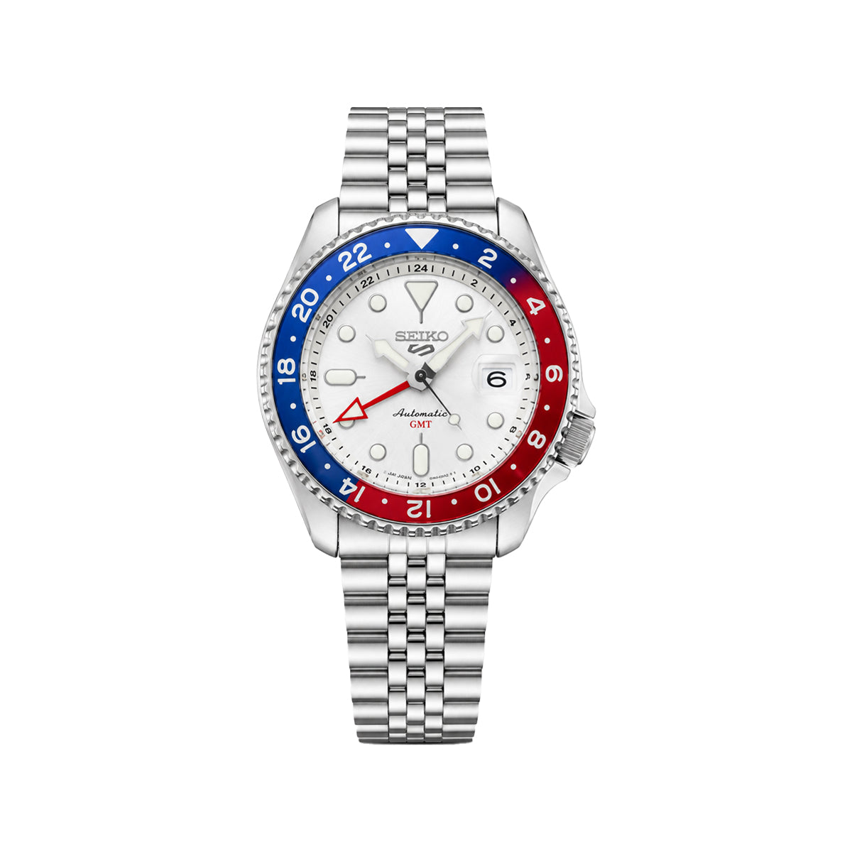 SEIKO Silver GMT Quartz Men’s Watch – White Dial, Red & Blue Bezel
