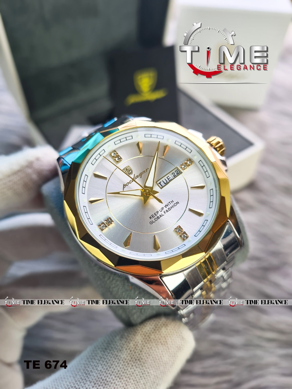 Gold wristwatch on a person's wrist with 'Time Elegance' branding in the background.