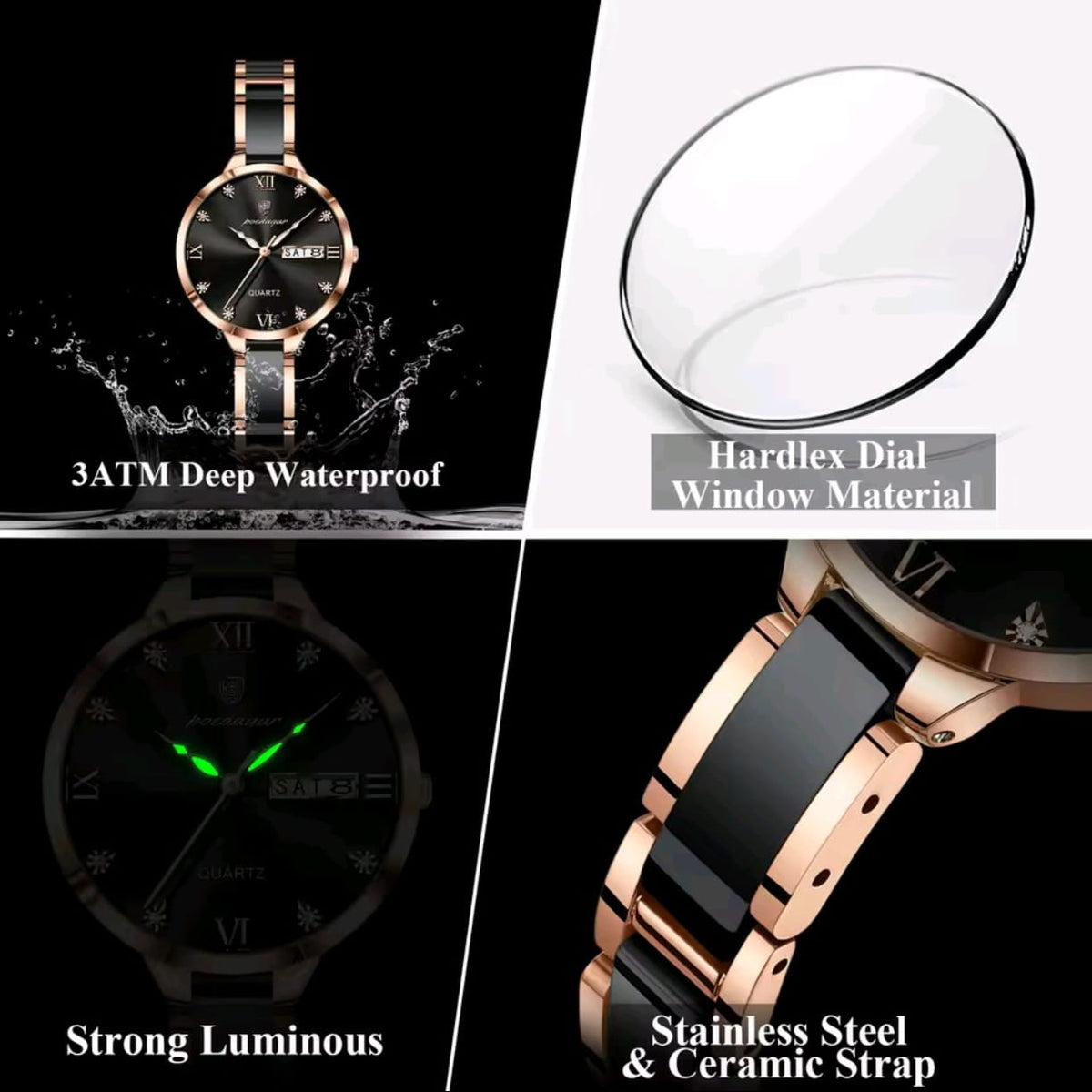 POEDAGAR 506 Women’s Luxury Quartz Watch Black– Luminous, Day Date.