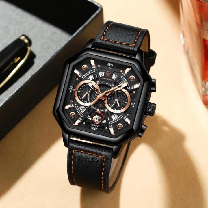 POEDAGAR 983 Men’s Square Chronograph Quartz Watch Black– Genuine Leather Strap