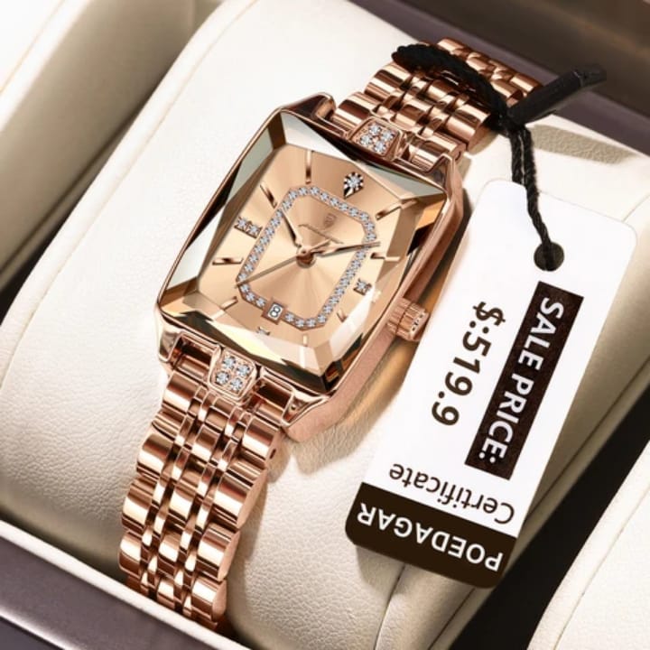 Poedagar 785 Rose Gold Dial— Women’s Waterproof Rectangle Luxury Quartz Watch