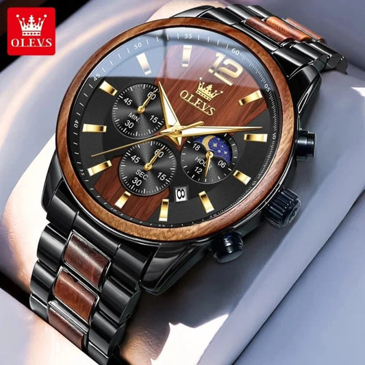 OLEVS 3645 Men's Brown Wooden Chronograph Watch – Elegant & Waterproof