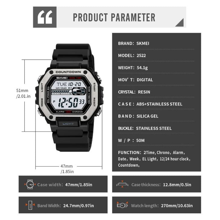 SKMEI 2522 Men’s Sport Digital Watch Black– Chrono Military Date Electronic Wristwatch