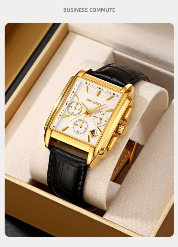 SKMEI 2339 Men’s Square Quartz Watch Golden White – Genuine Leather Waterproof Business Chronograph Wristwatch