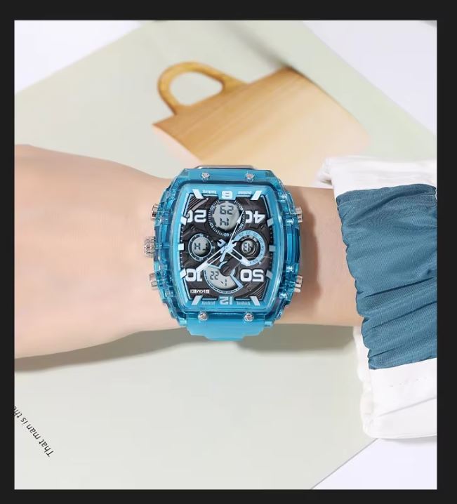 SKMEI 2603 Men’s Tonneau Digital Sports Watch Translucent blue– Chrono Waterproof LED Wristwatch