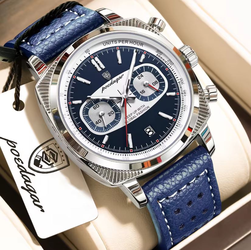 POEDAGAR 838 Men’s Luxury Square Chronograph Watch Blue– Waterproof Leather Quartz Wristwatch