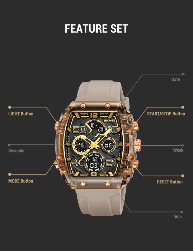 SKMEI 2603 Men’s Tonneau Digital Sports Watch Brown– Chrono Waterproof LED Wristwatch