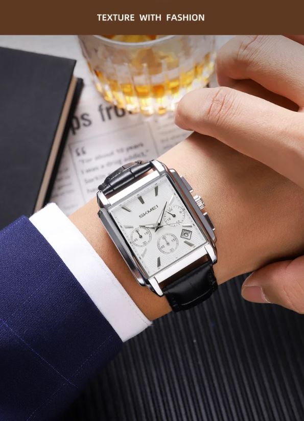 SKMEI 2339 Men’s Square Quartz Watch Silver – Genuine Leather Waterproof Business Chronograph Wristwatch
