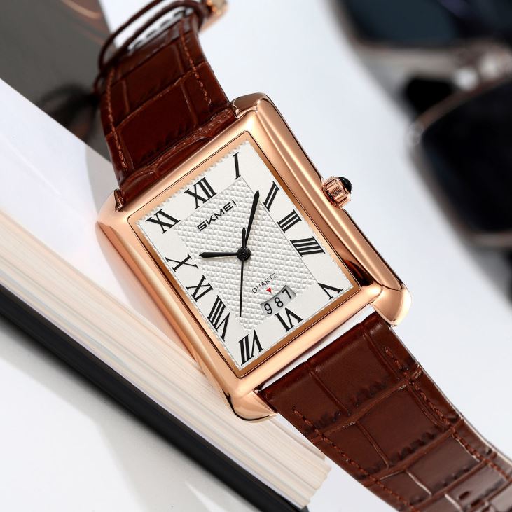 SKMEI 2575 Men’s Square Leather Quartz Watch rose gold/brown – Roman Numeral Business Waterproof Wristwatch
