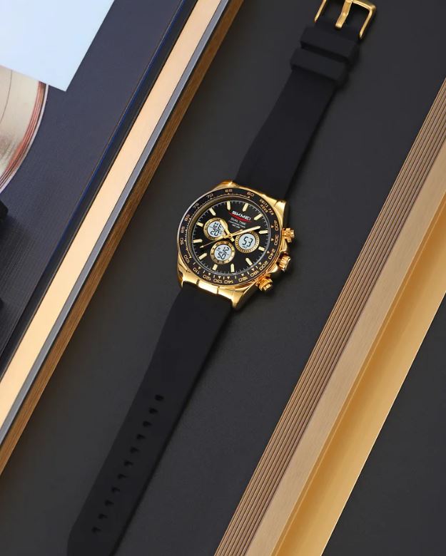 SKMEI 2588 Men’s Dual Display Quartz Watch Gold black– Silicone Strap Waterproof Electronic Wristwatch