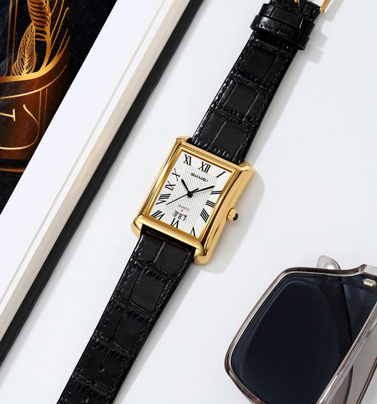 SKMEI 2575 Men’s Square Leather Quartz Watch gold black – Roman Numeral Business Waterproof Wristwatch