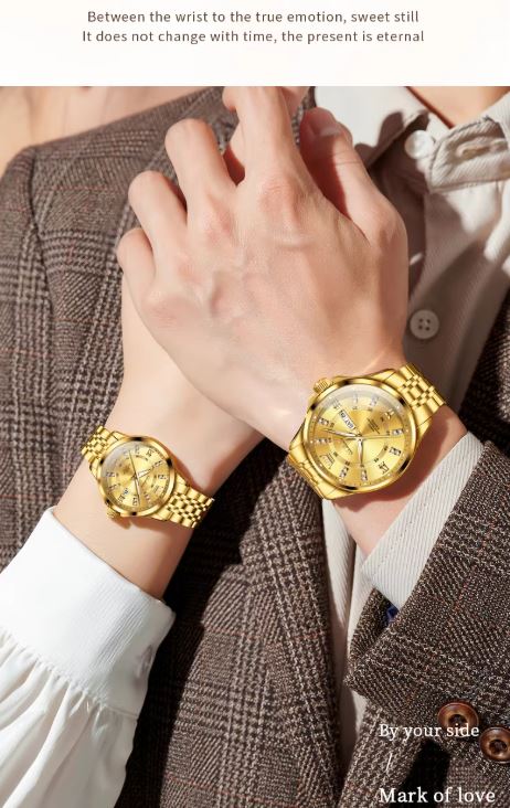 OLEVS 3620 Luxury Couple Quartz Watch Golden– Stainless Steel Matching Wristwatch Set