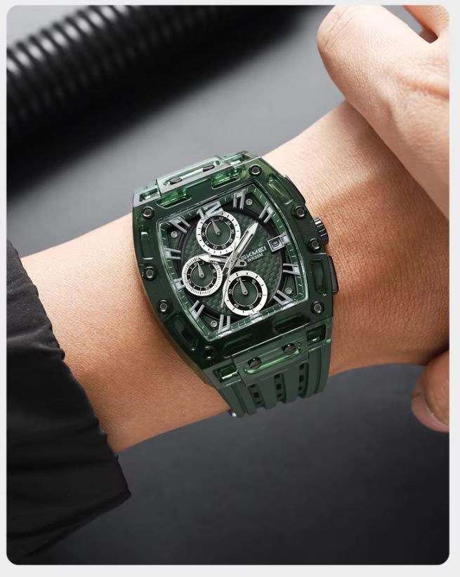 SKMEI 2606 Men’s Big Tonneau Sports Watch Green– Multi Functional Waterproof Quartz Wristwatch