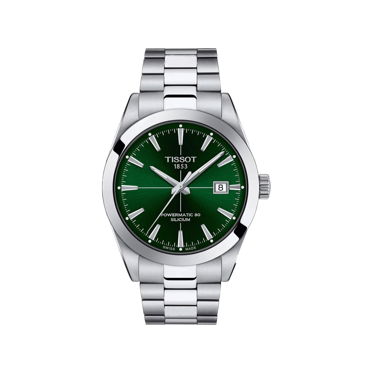 Tissot Automatic 60 Milum wristwatch with a green dial and a silver stainless steel link bracelet, shown against a plain white background.