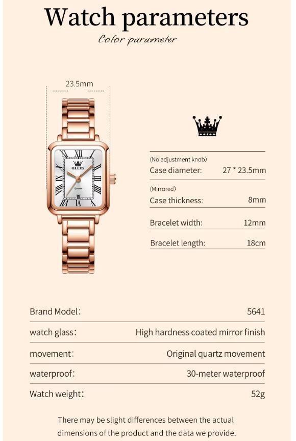 OLEVS 5641 Women’s Square Quartz Watch Rose White – Roman Scale Waterproof Stainless Steel Wristwatch