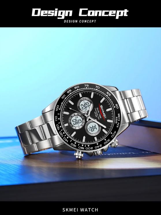 SKMEI 2587 Men’s Dual Display Quartz Watch Silver Black – Stainless Steel Business Waterproof Wristwatch