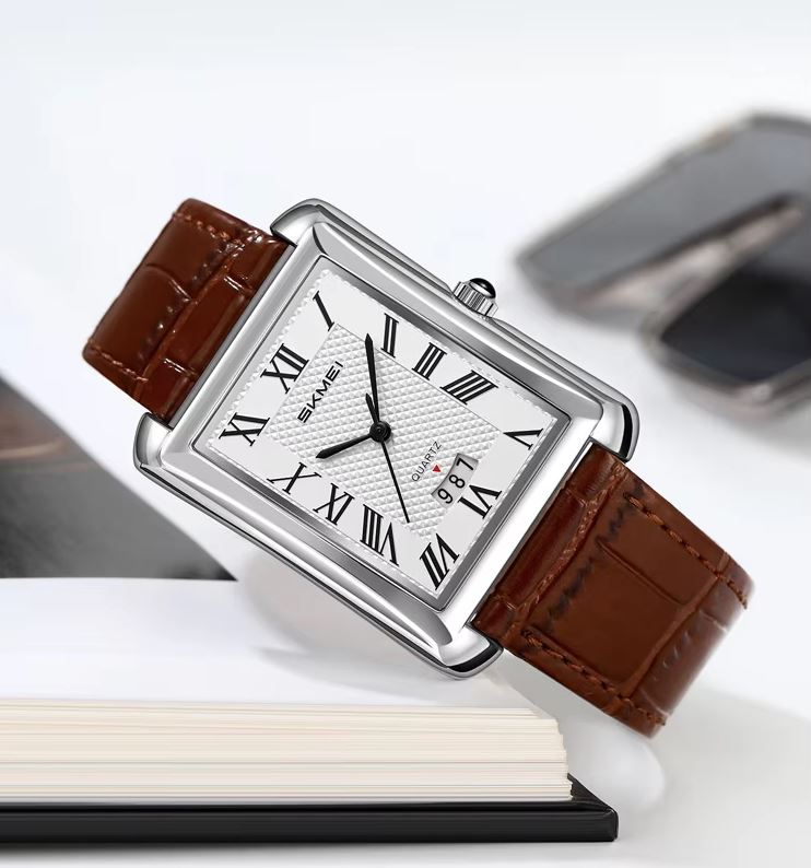 SKMEI 2575 Men’s Square Leather Quartz Watch silver brown – Roman Numeral Business Waterproof Wristwatch