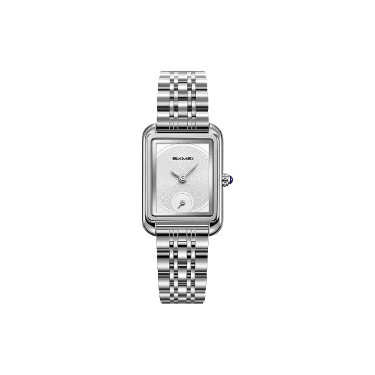Silver watch with a checkered band on a white background