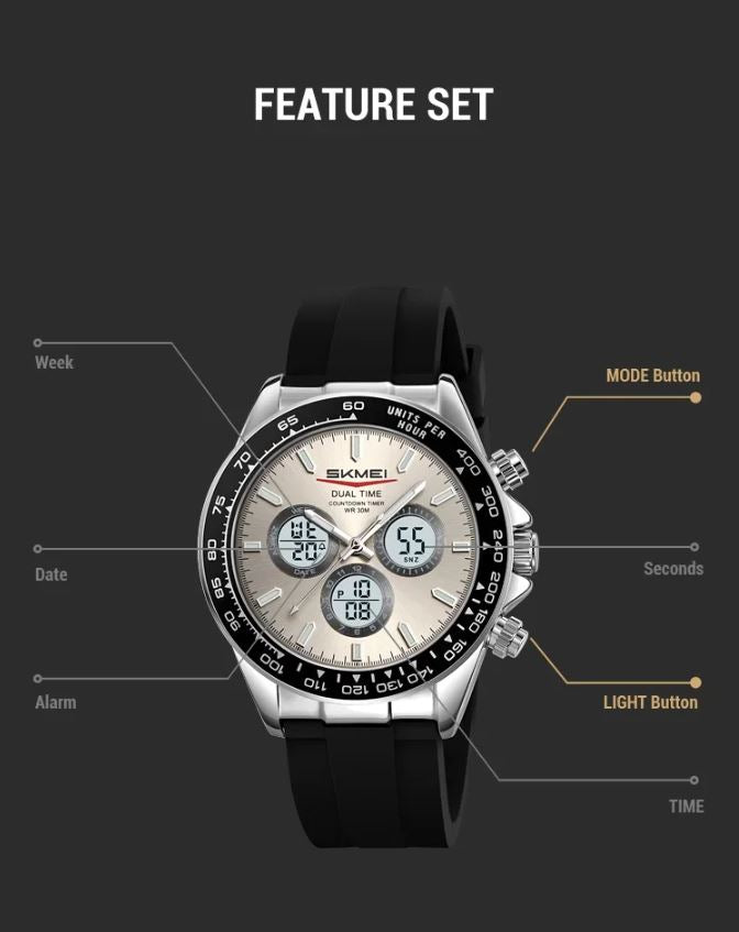 SKMEI 2588 Men’s Dual Display Quartz Watch Silver grey– Silicone Strap Waterproof Electronic Wristwatch