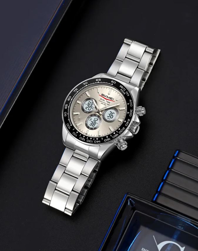 SKMEI 2587 Men’s Dual Display Quartz Watch Silver grey – Stainless Steel Business Waterproof Wristwatch